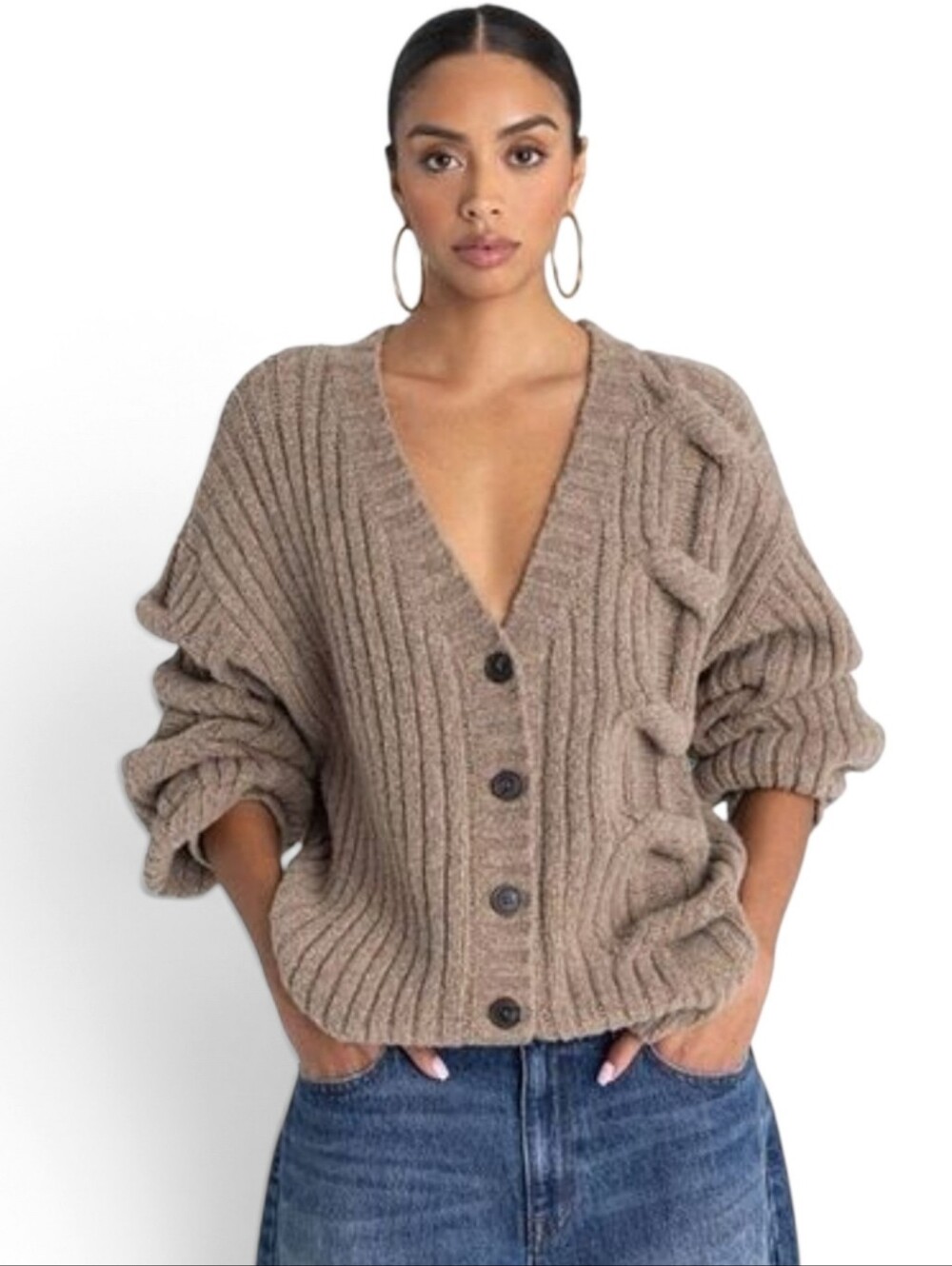 KBB by KAHLANA Women's 'The Cable Mix Cardi' - Tan S